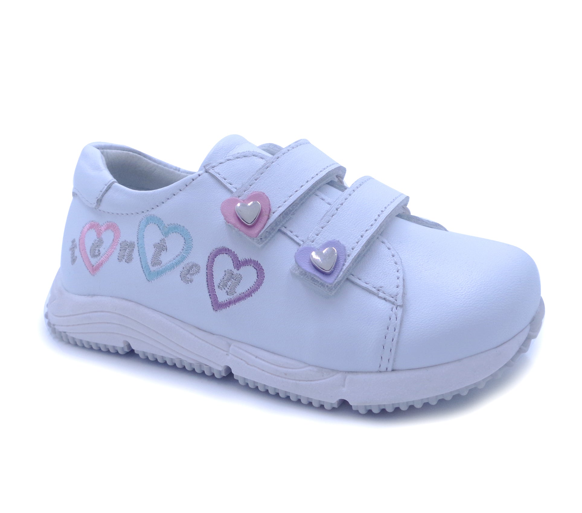 White children's shoe with heart designs