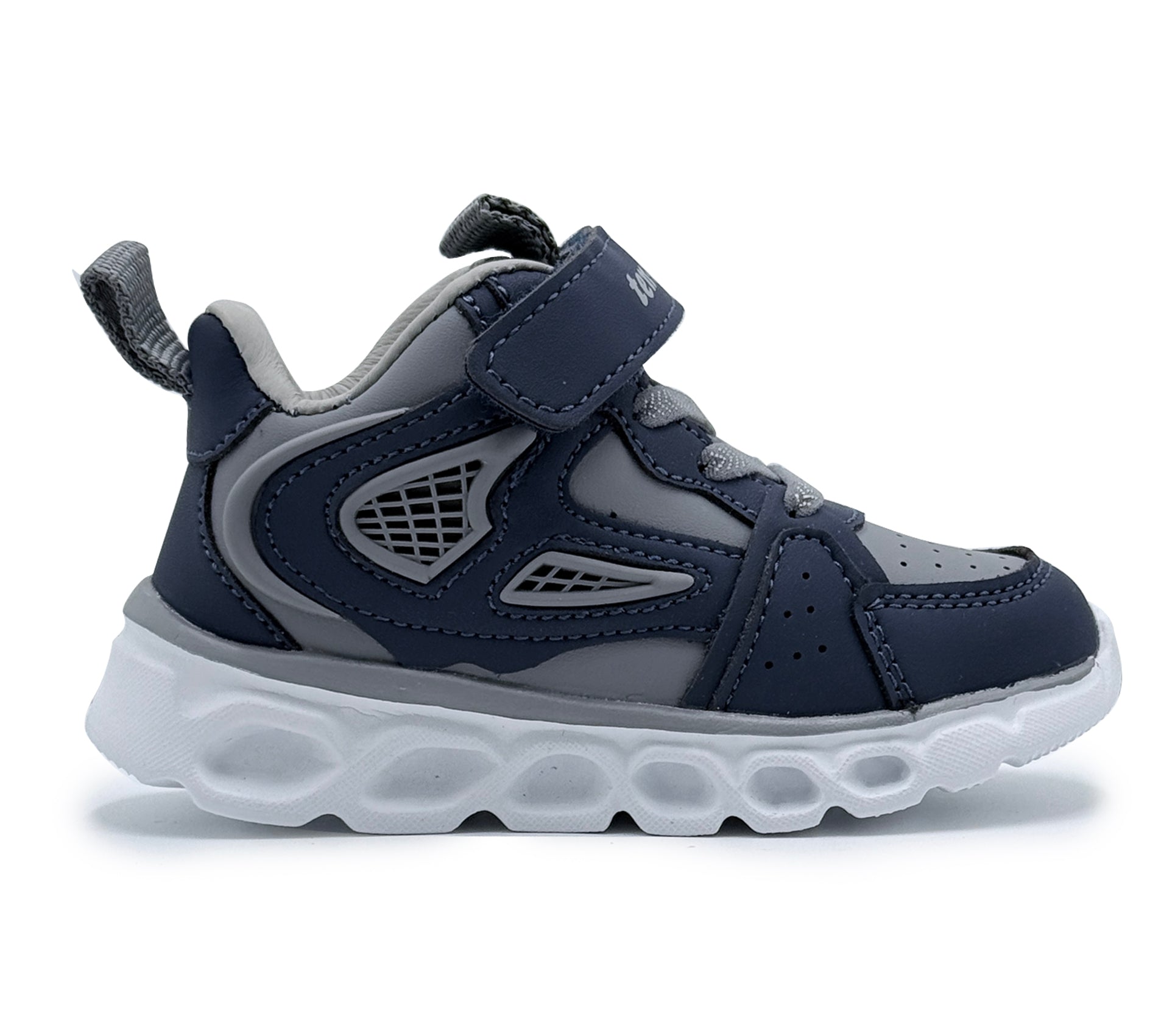 Navy and gray children's athletic shoe