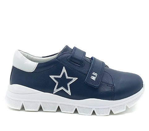 Baskets en cuir étoilé bleu marine pour filles avec double bride