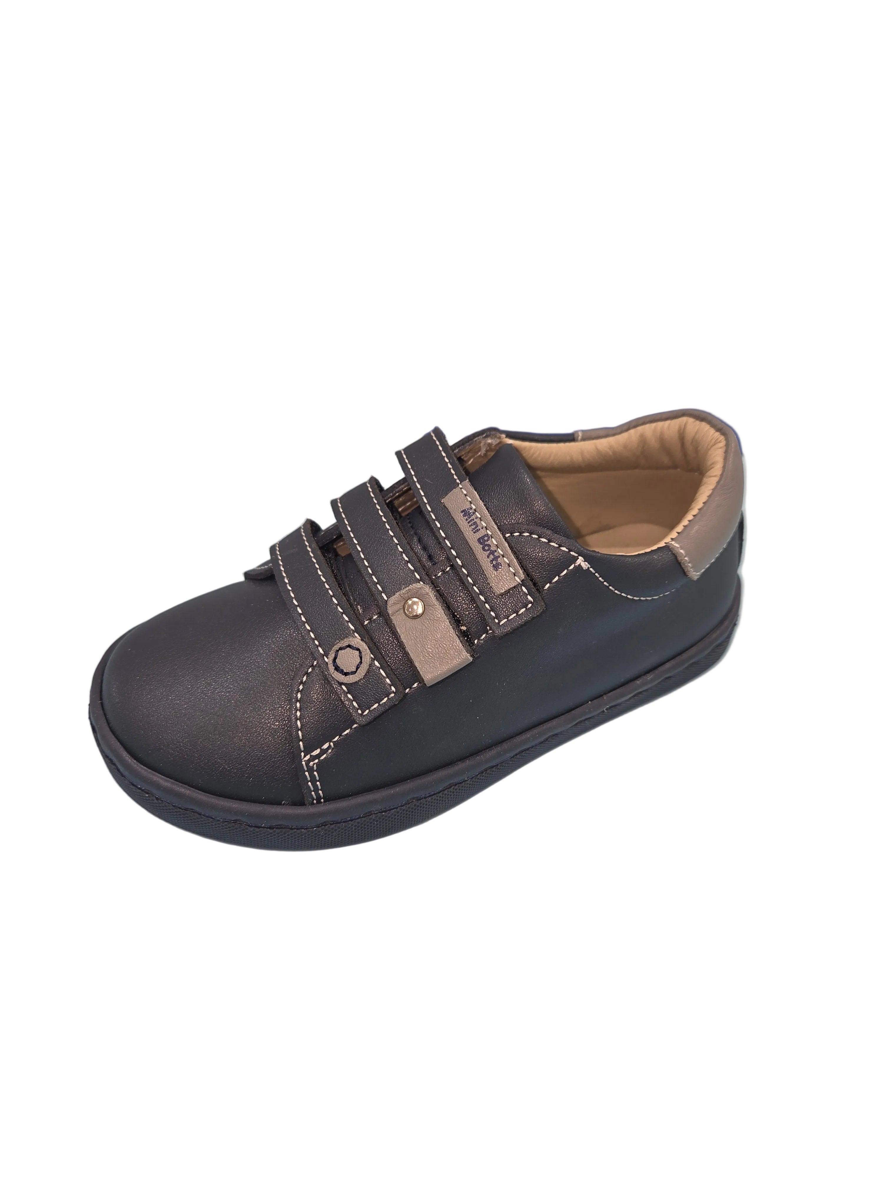 Baskets garçon en cuir marine décontractées avec motif – Triple fermeture Velcro