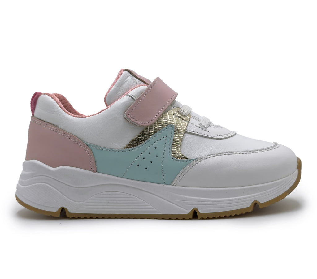 Ten Ten Girls’ Handmade Leather Sneakers with OrthoFlex Insole – White Pink & Gold